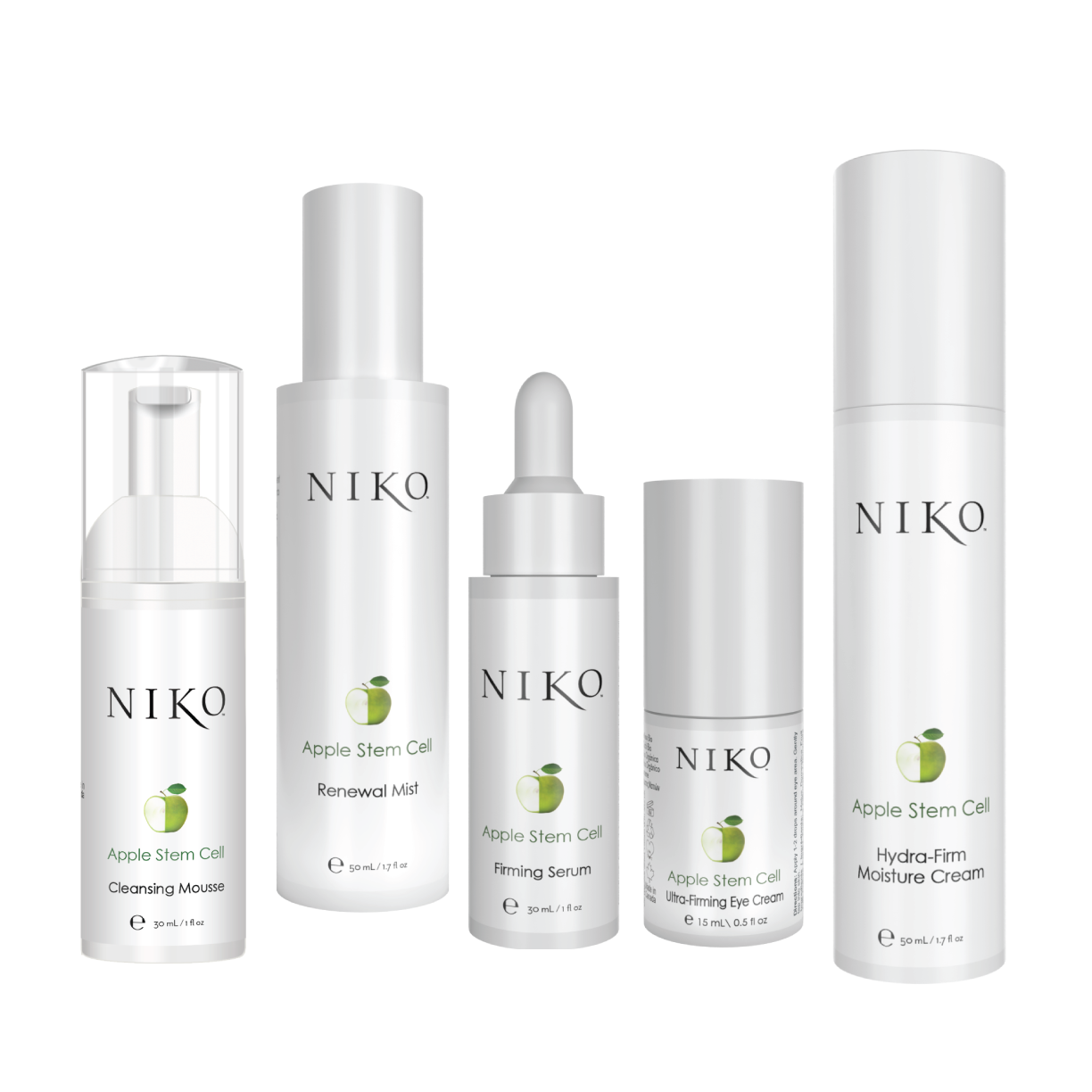 All five products of  of the Apple Stem Cell skincare line on a white background