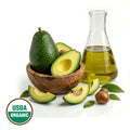 Avocados in a wooden bowl and avocado oil in a glass flask with a USDA Organic logo on a white background