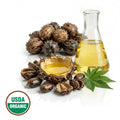 Castor plant seeds, a container of Castor oil, and a leaf on a white background with an USDA Organicl logo.