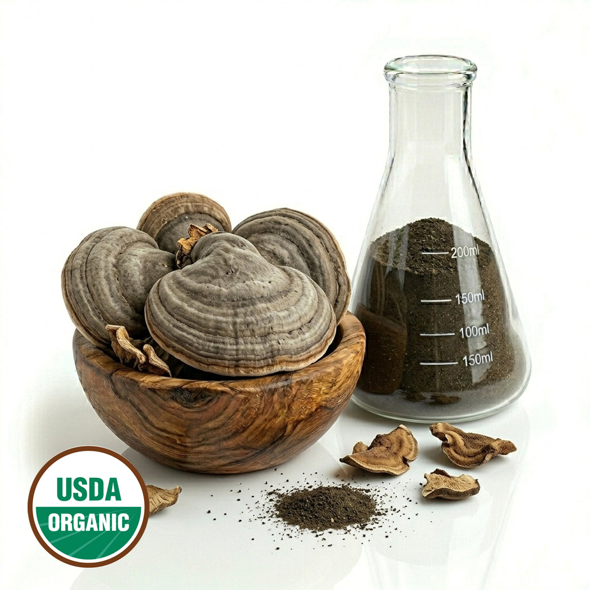 Wooden bowl with Horse Hoof mushrooms, a glass flask with dark powder, and USDA Organic label on a white background
