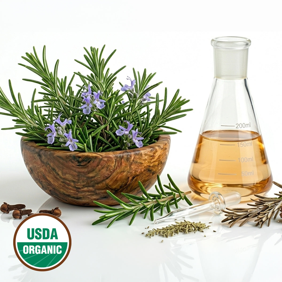 Rosemary plant in a wooden bowl, glass flask with oil, and USDA Organic label on a white background