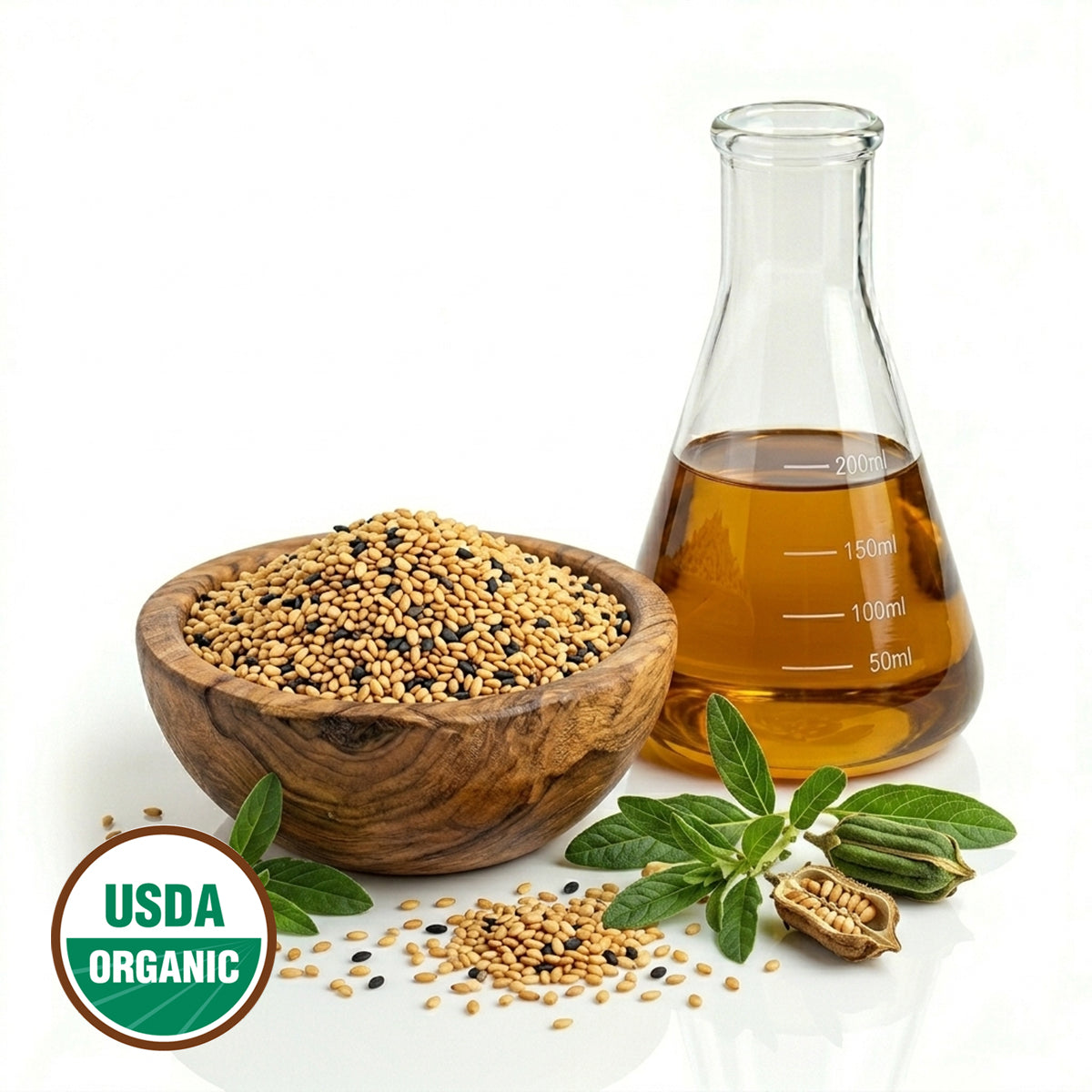 Bowl of Sesame seeds, a glass flask with  oil, and plant on a white background with USDA Organic label.