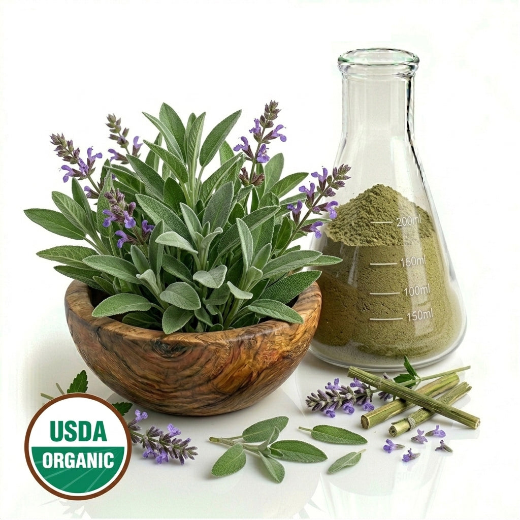 Sage plants in a wooden bowl with a glass flask of powder and lavender flowers on a white background, featuring an USDA Organic label.