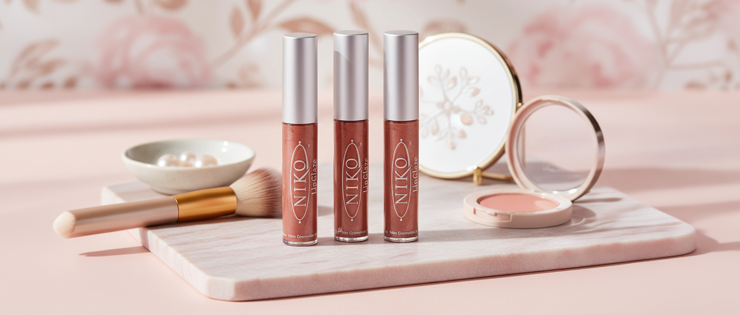 Three lip glosses on a marble tray with a pink floral background