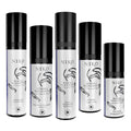 Five cylindrical cosmetic bottles with black caps and white labels, branded NIKO, arranged on a plain white background. The labels read 'Muskoka Wild Harvest' and show different product variants as cleanser, moisturizer, aqua and oil serums and eye cream.