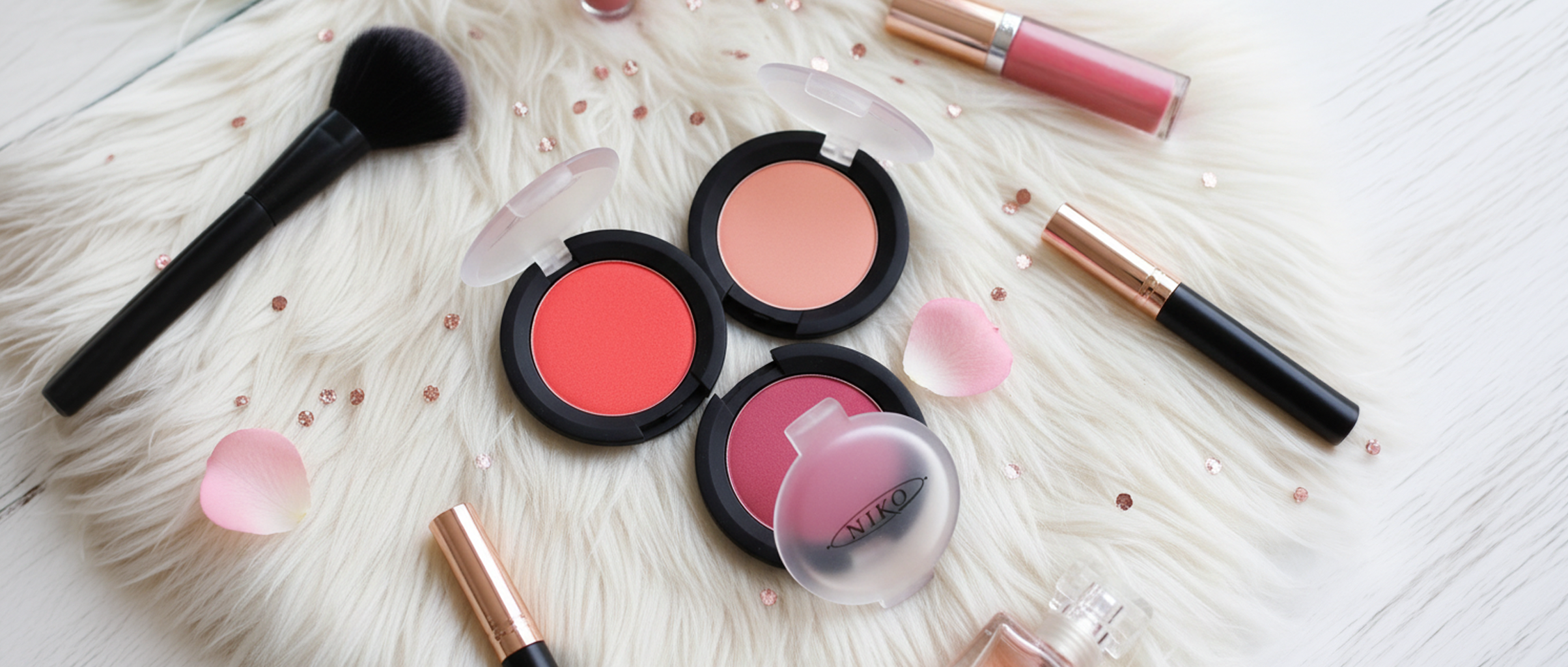 Blush compact trio, including blushes and lipsticks on a textured surface
