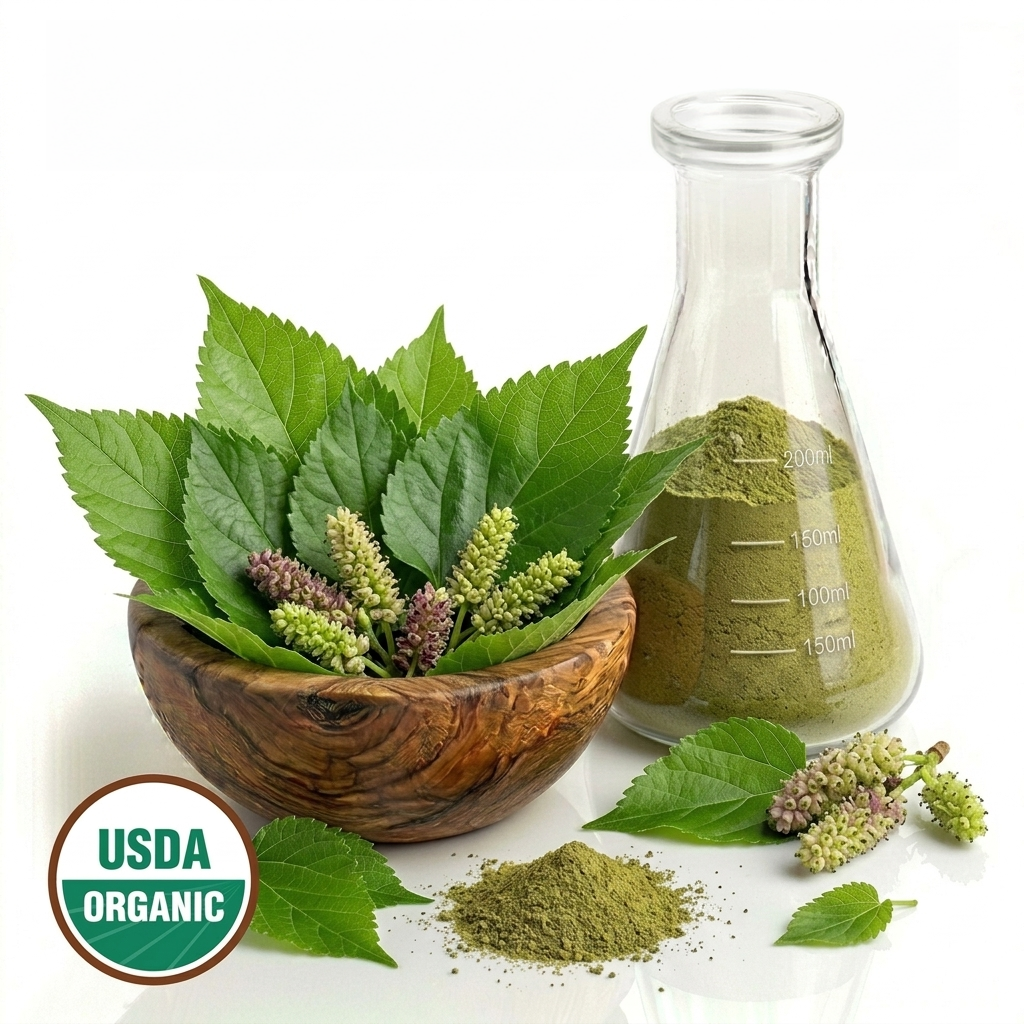Bowl of green Mulberry leaves and flowers with a beaker glass container of green powder on a white background, featuring an USDA Organic label.