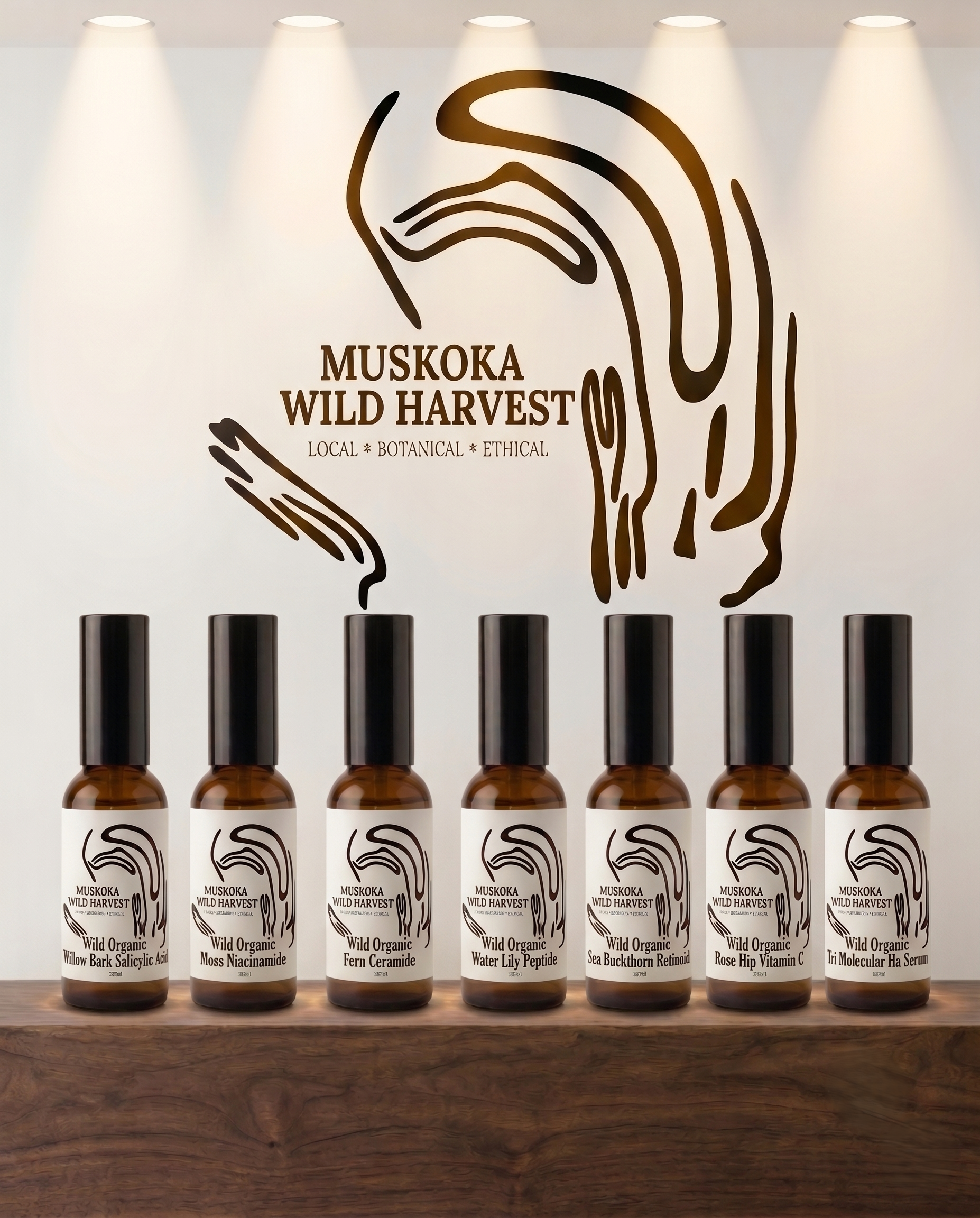 Seven amber glass serum bottles with black caps are lined up on a dark wooden surface against a white wall. Above them is a large dark brown stylized logo and the text 'MUSKOKA WILD HARVEST LOCAL • BOTANICAL • ETHICAL'.