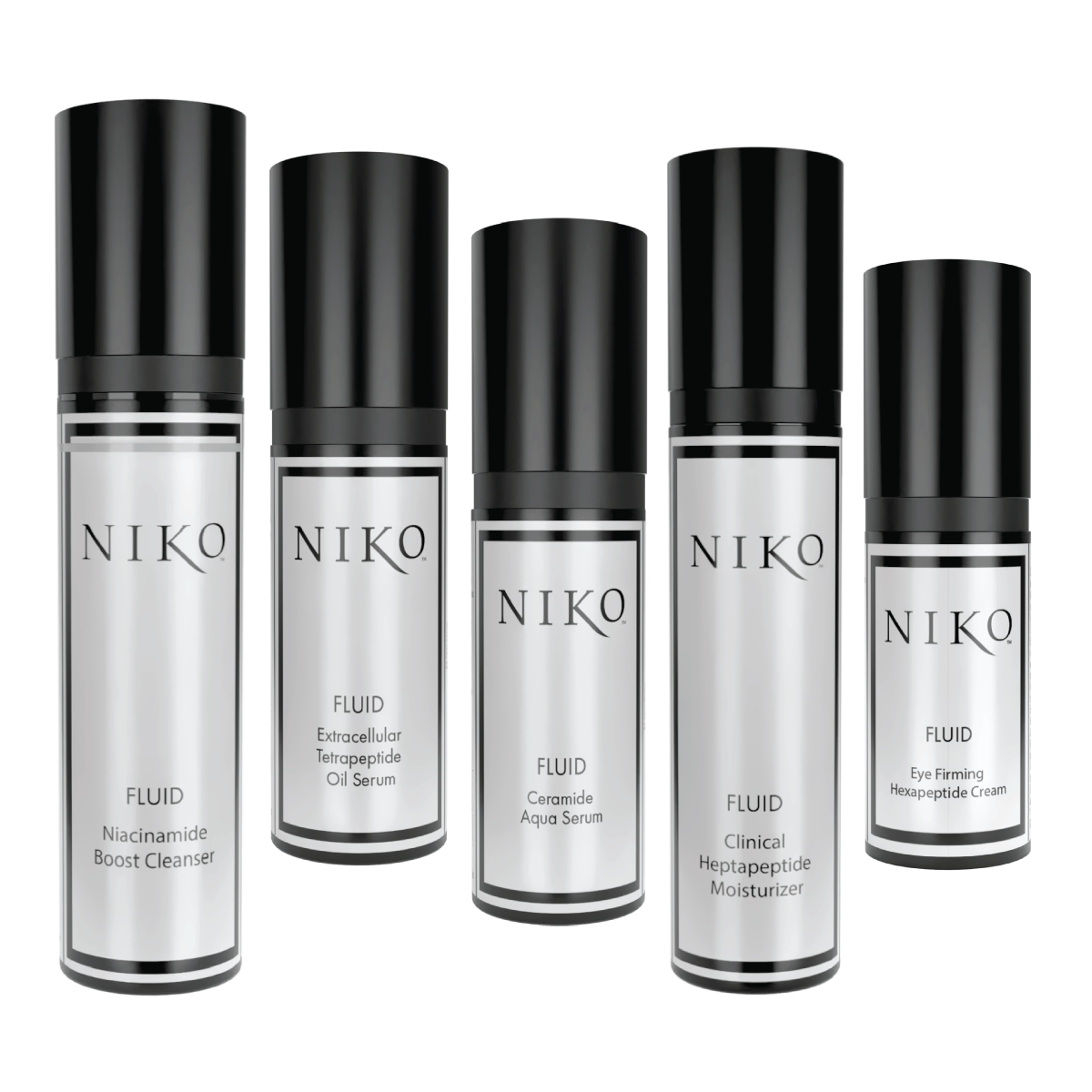 Five NIKQ skincare fluid bottles with black caps and white labels, arranged in a row against a plain white background.