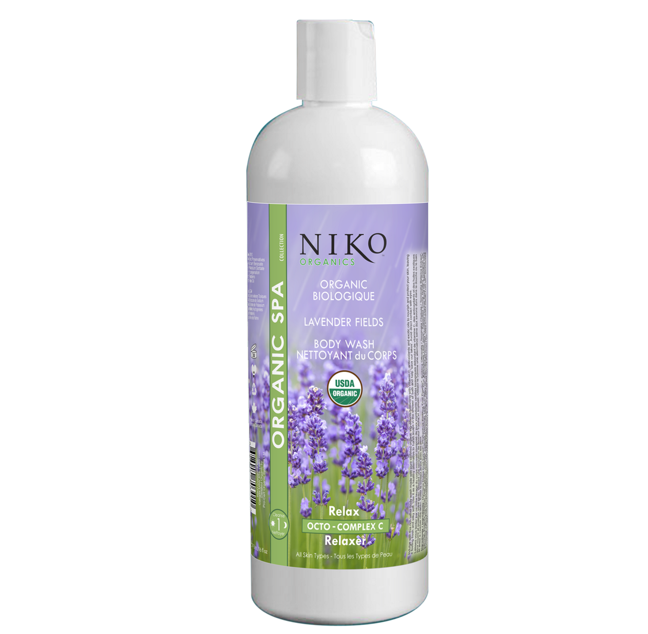 BOSTON ROUND BOTTLE 473mL WITH ORGANIC LAVENDER FIELDS BODY  WASH LABEL