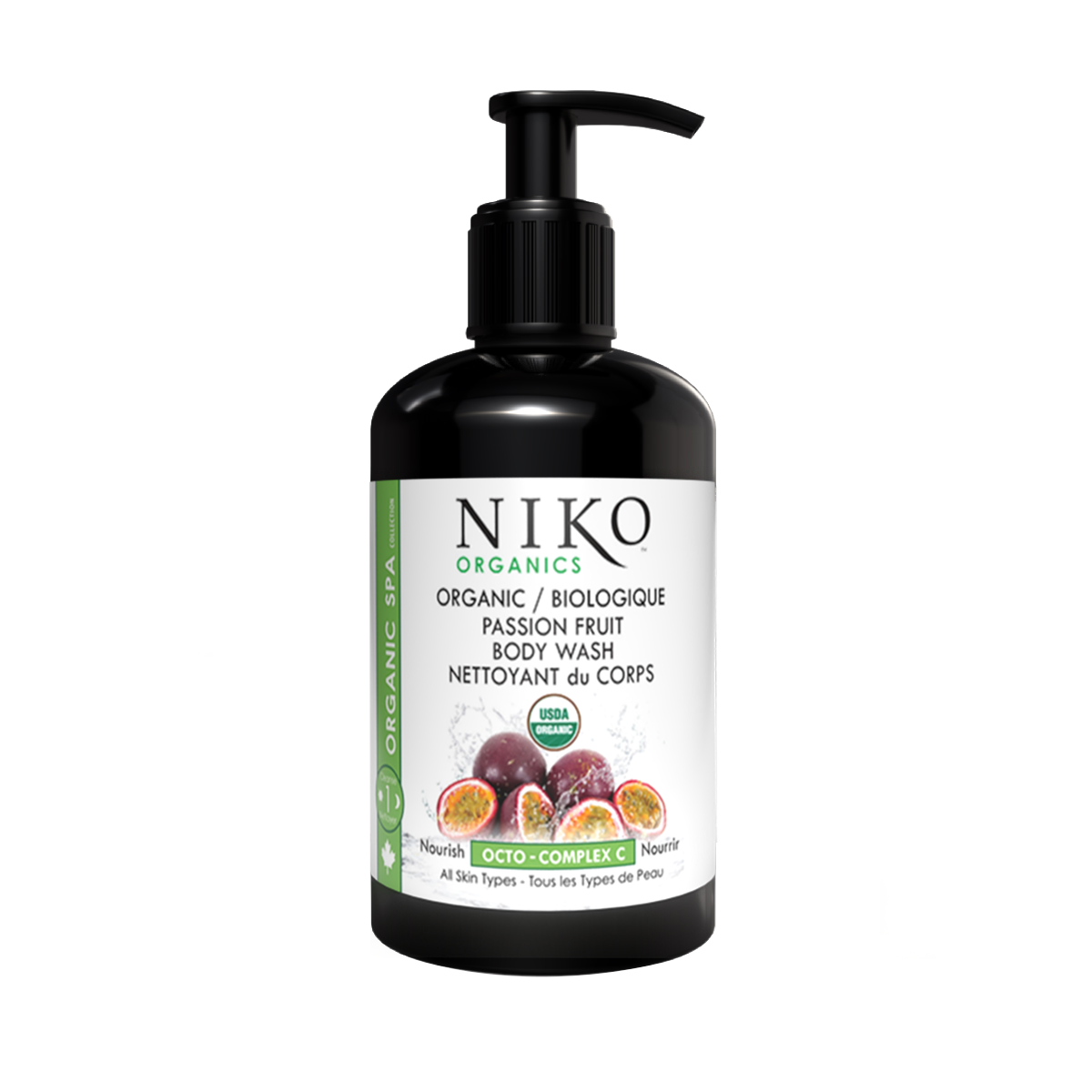 Black bottle with pump 250mL, with Organic Passion Fruit Body Wash label