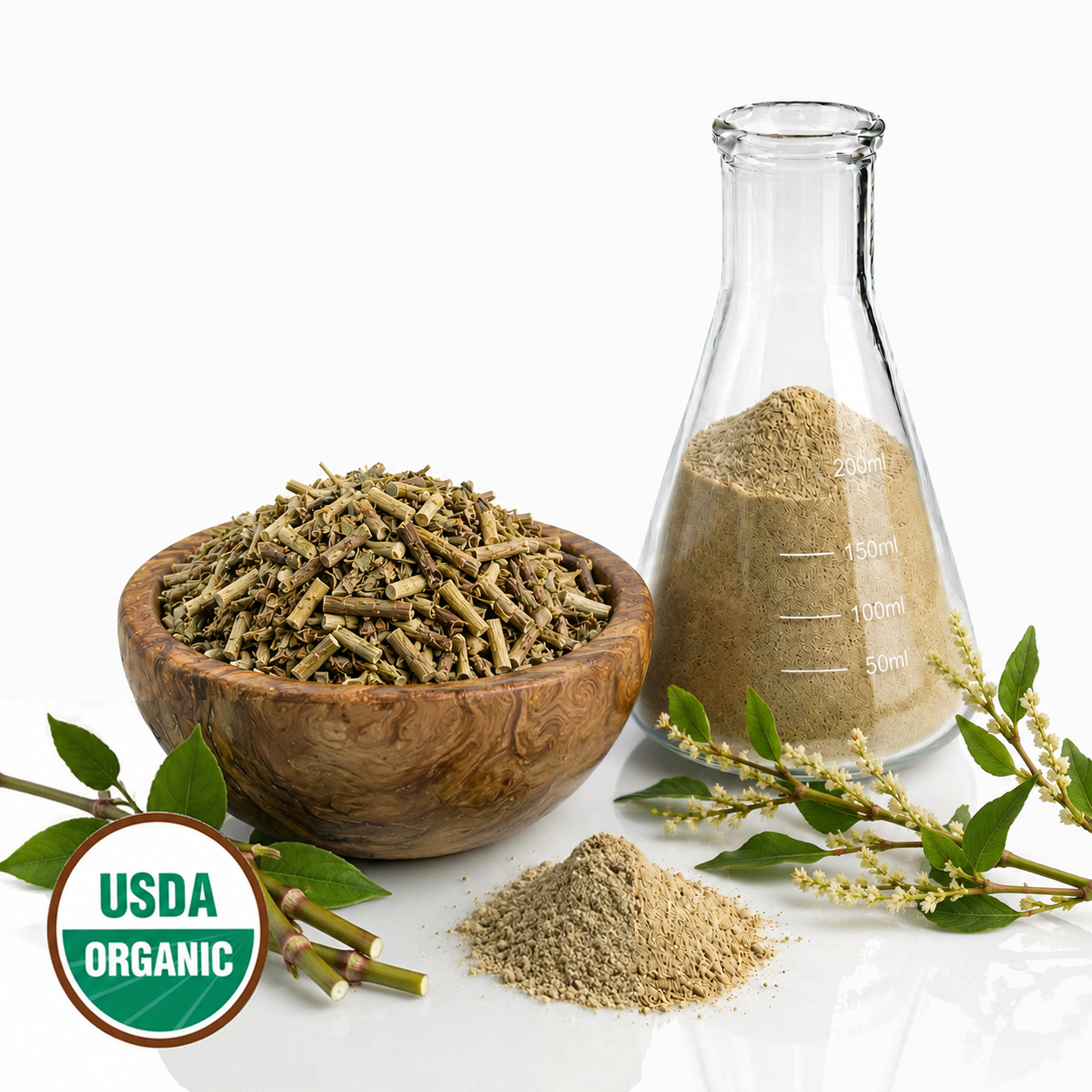 Wooden bowl with dried herbs, a glass container with powder, and green leaves on a white background with USDA Organic label.