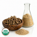 Dried Mulein in a wooden bowl and ground powder in a beaker glass container on a white background with USDA Organic label.