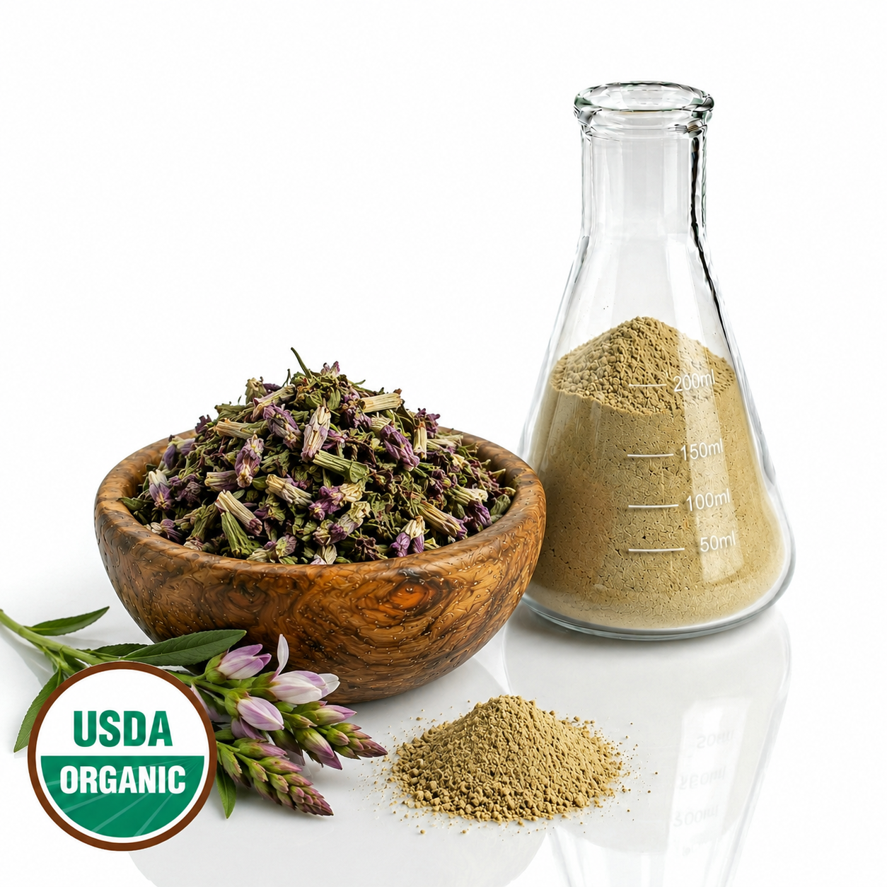 Wooden bowl with dried Turtle Head flowers, a glass flask with powder, and a branch of Turtle Head flower and the USDA Organic seal  on a white background.