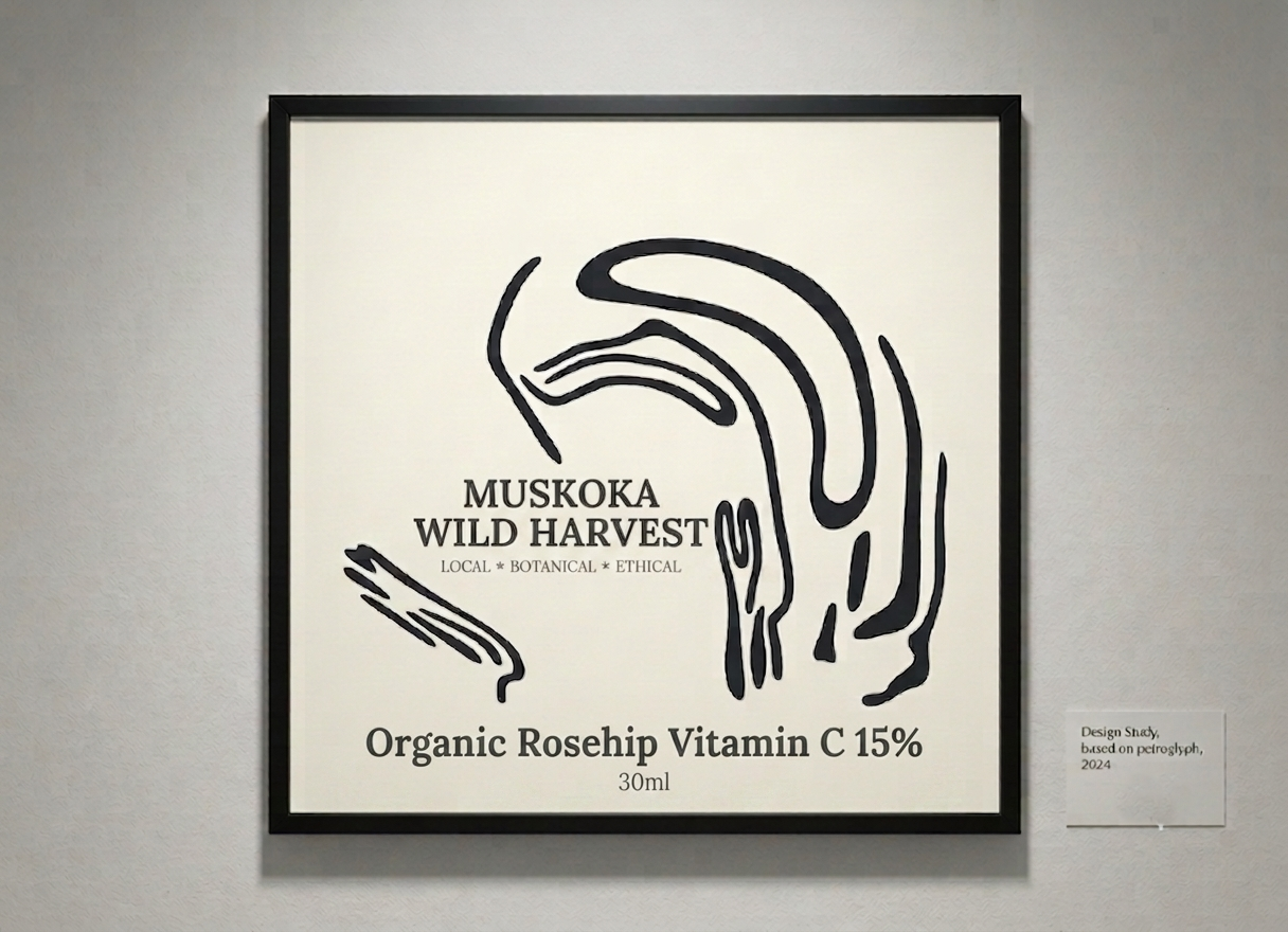 Framed product label for Muskoka Wild Harvest Organic Rosehip Vitamin C 15% on a gray wall.