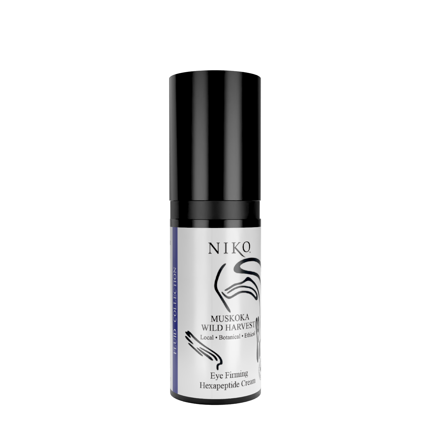 A bottle of NIKO Muskoka Wild Harvest Eye Firming Hexapeptide Cream, featuring a black bottle and a white white label with black text and graphics, set against a plain white background.