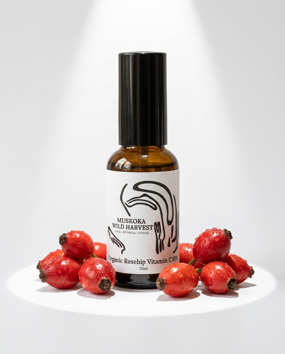 Bottle of Muskoka Wild Harvest Organic Roschip Vitamin C on a white background with rosehips.