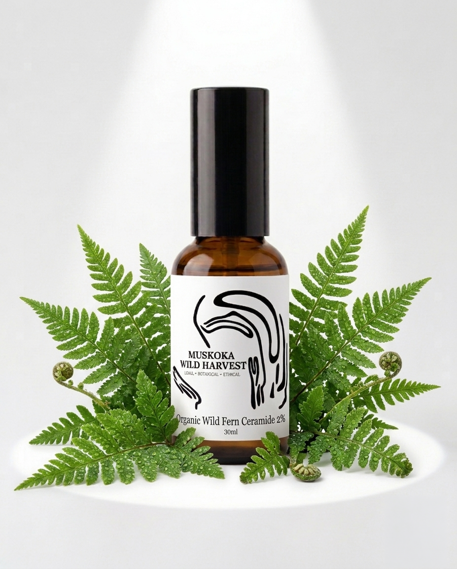 Bottle of Muskoka Wild Harvest product with green fern leaves on a white background