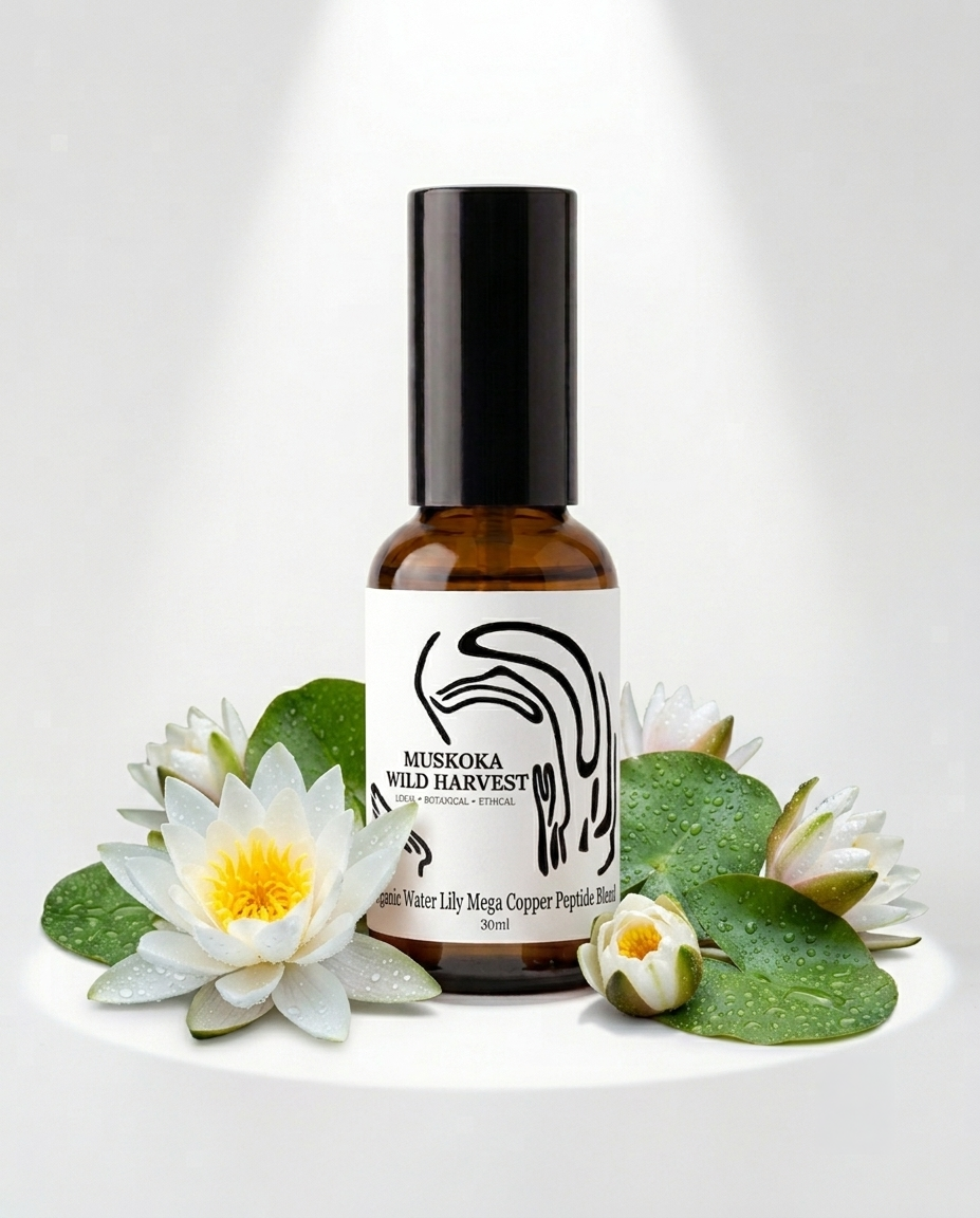 An amber glass bottle with a black cap and a white label reading 'Muskoka Wild Harvest', styled with white water lilies and green lily pads on a white surface against a white background with soft spotlighting.