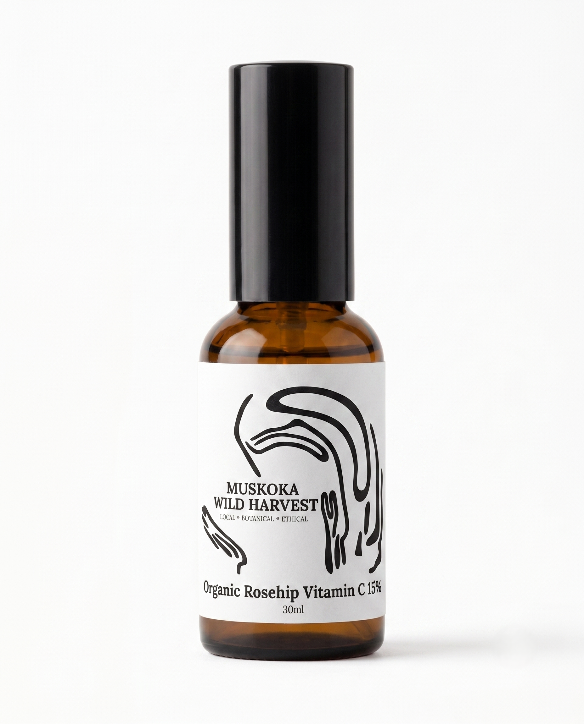 Amber glass pump bottle with black cap and white label featuring 'Muskoka Wild Harvest' Organic Rosehip Vitamin C 15% on a white background.