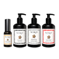 Set of Niko hair care products including shampoo, conditioner, and body wash on a white background