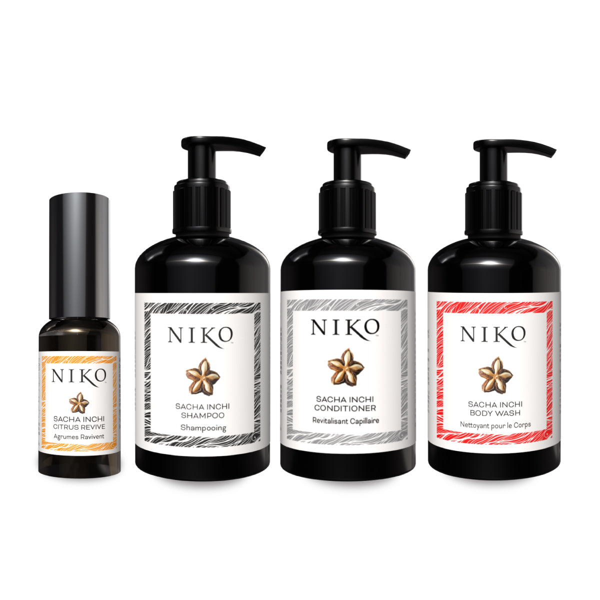 Set of Niko hair care products including shampoo, conditioner, and body wash on a white background