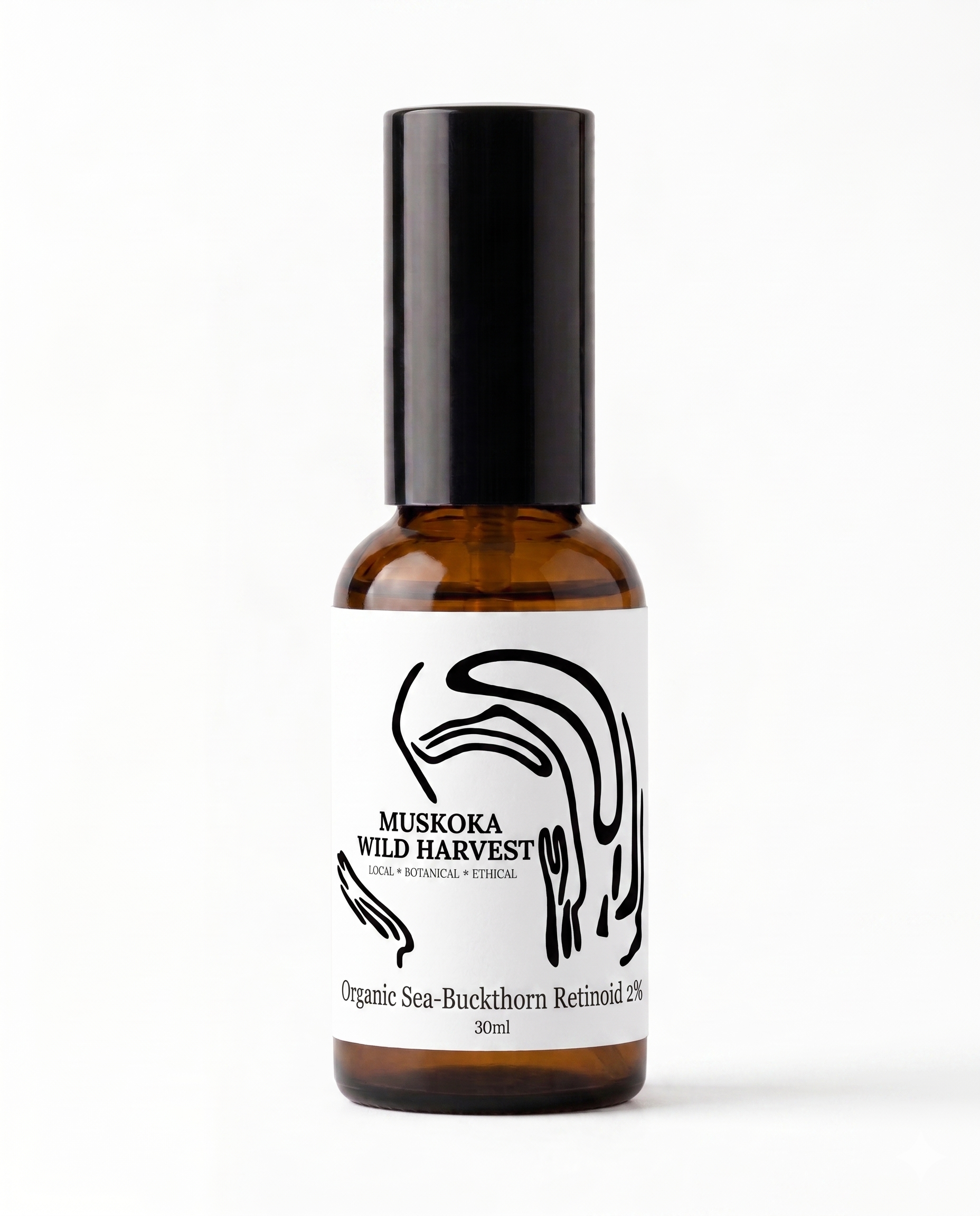 Amber glass pump bottle with black cap and white label featuring 'Muskoka Wild Harvest' Organic Sea-Buckthorn Retinoid 2% on a white background.