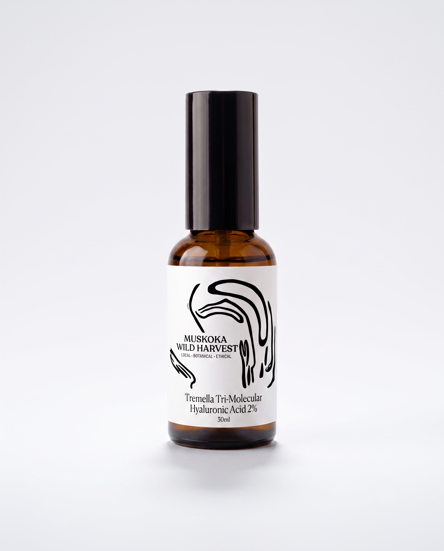Amber glass pump bottle with black cap and white label featuring 'Muskoka Wild Harvest' Organic Tremella Tri-Molecular Hyaluronic Acid 2% Serum on a white background.
