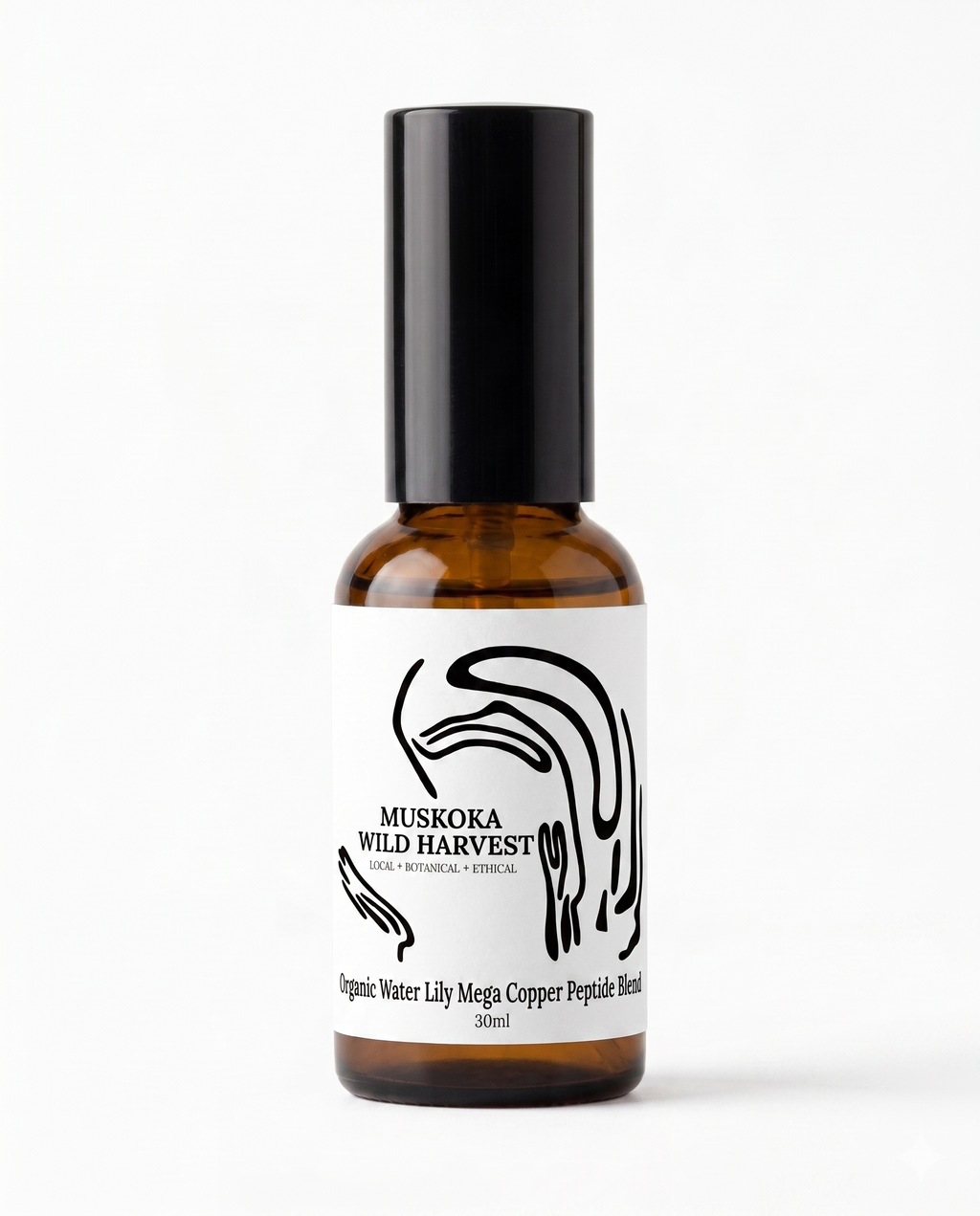 Amber glass pump bottle with black cap and white label featuring 'Muskoka Wild Harvest' Organic Water Lily Copper Peptide on a white background.