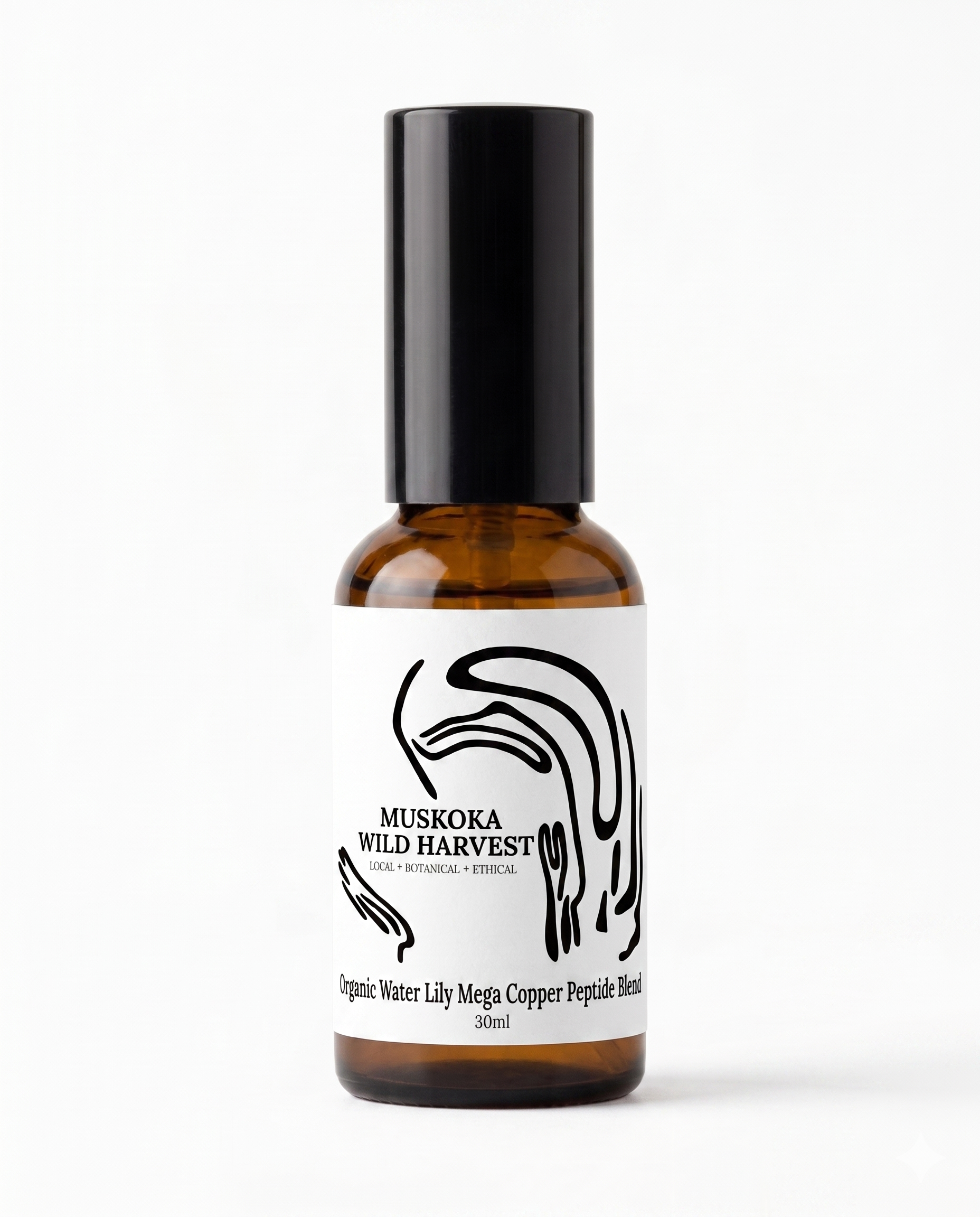 Amber glass pump bottle with black cap and white label featuring 'Muskoka Wild Harvest' Organic Water Lily Copper Peptide on a white background.