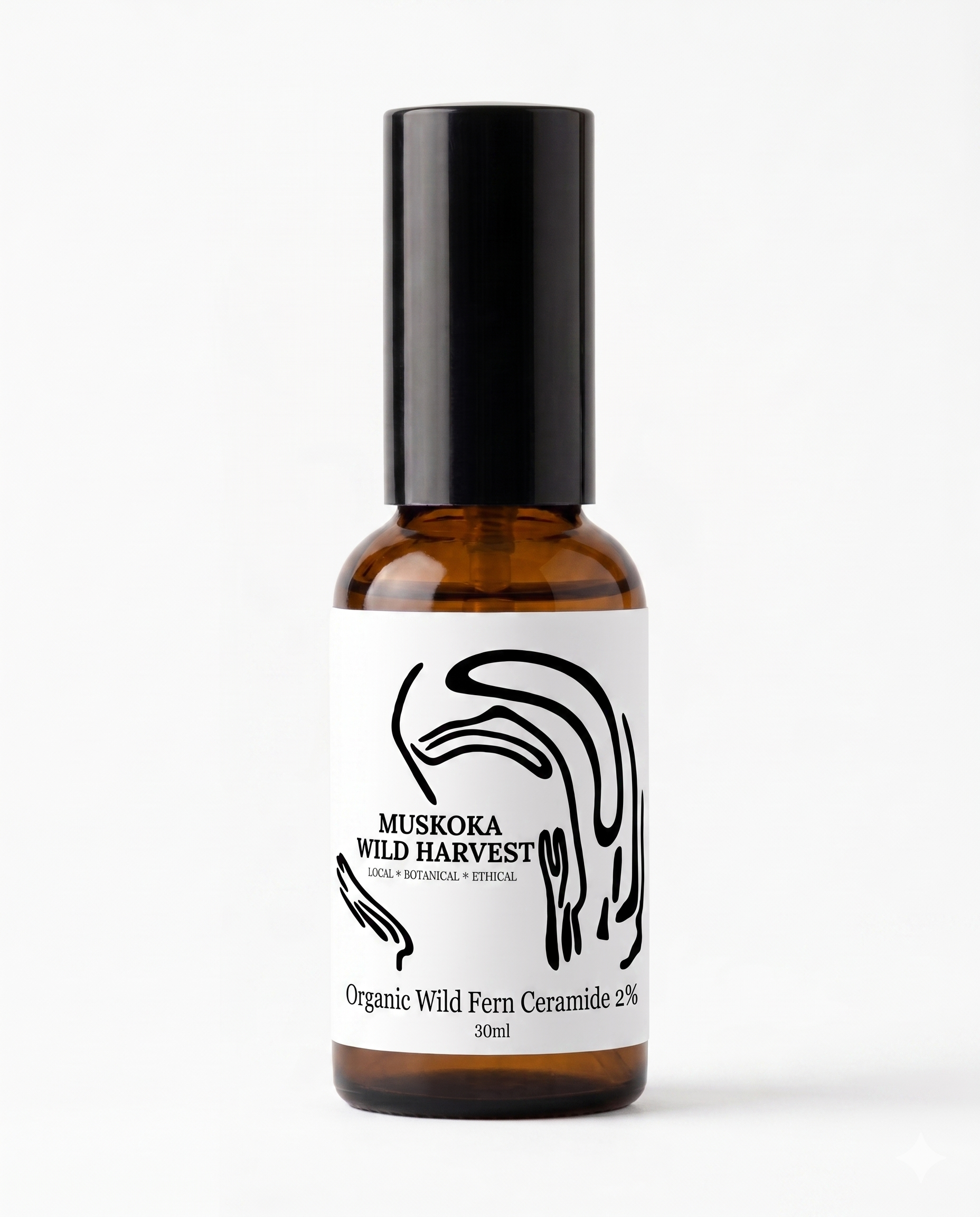 Amber glass pump bottle with black cap and white label featuring 'Muskoka Wild Harvest' Organic Fern Ceramide 2% on a white background.