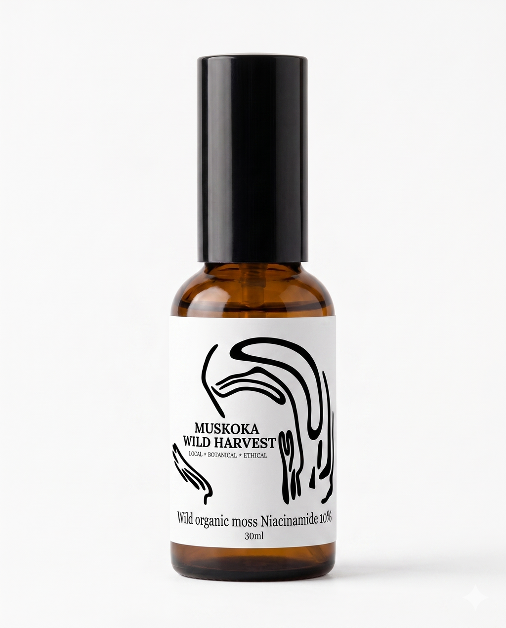Amber glass pump bottle with black cap and white label featuring 'Muskoka Wild Harvest' Organic Moss Niacinamide 10% on a white background.