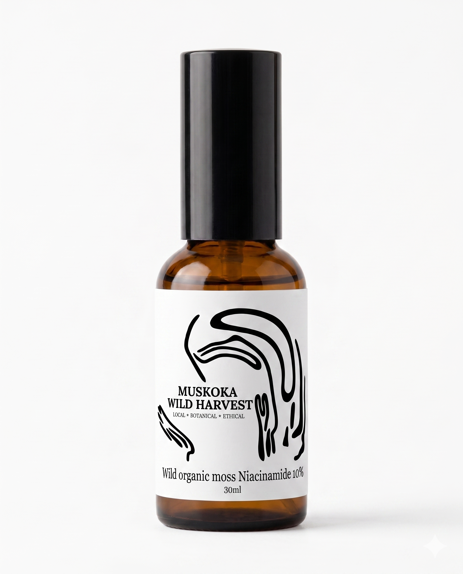 Amber glass pump bottle with black cap and white label featuring 'Muskoka Wild Harvest' Organic Moss Niacinamide 10% on a white background.