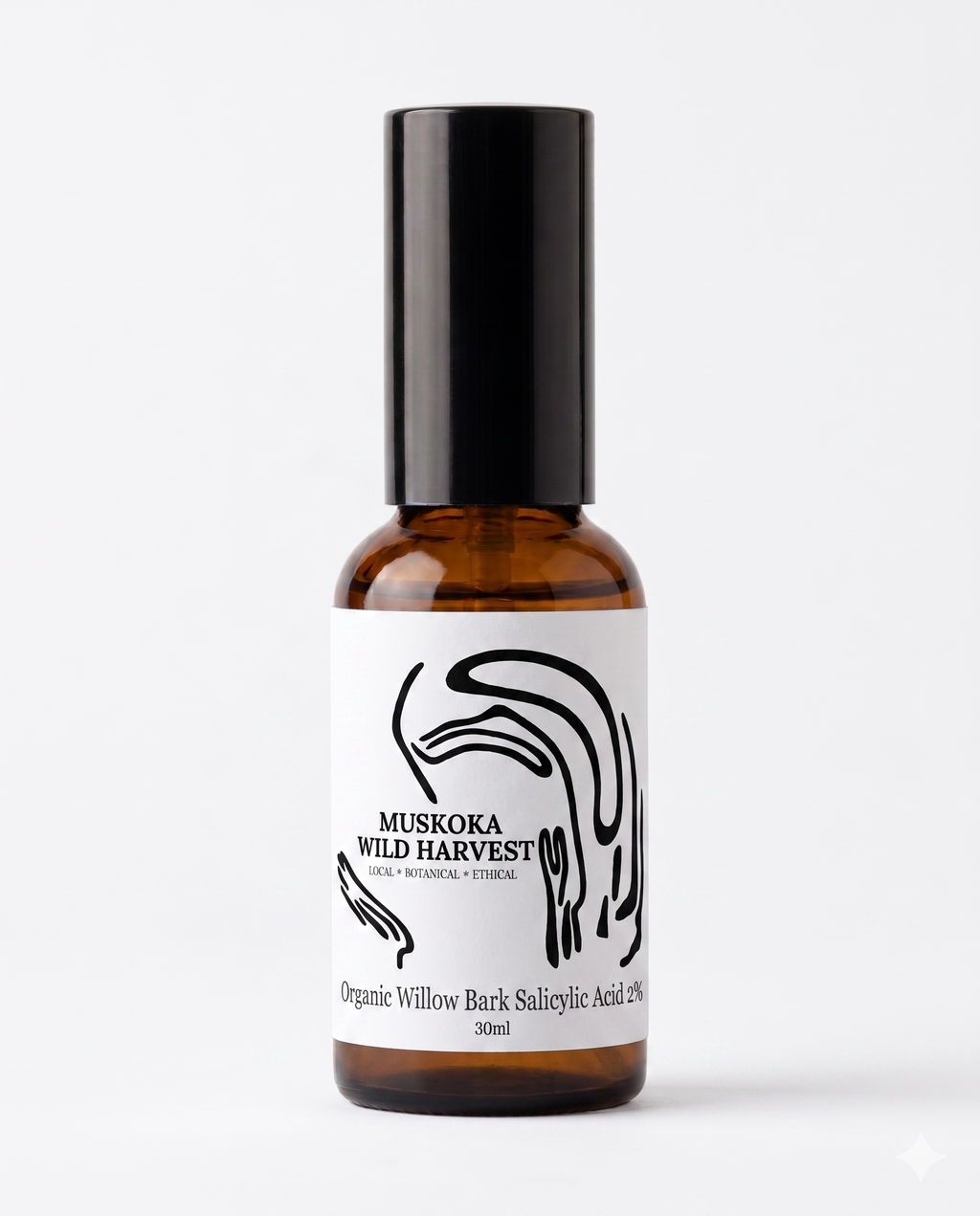 Amber glass pump bottle with black cap and white label featuring 'Muskoka Wild Harvest' Organic Willow Bark Slicylic Acid 2% on a white background.