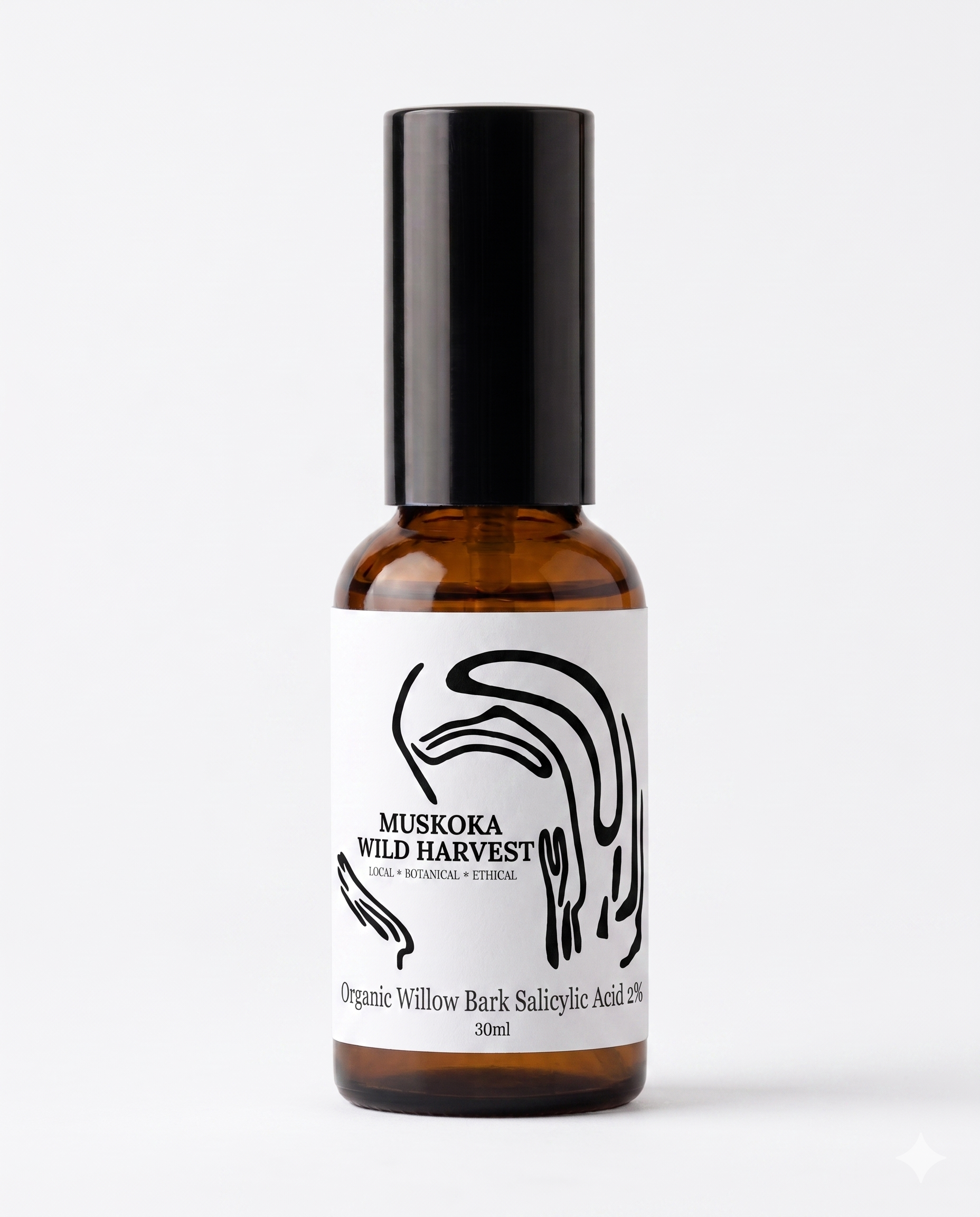 Amber glass pump bottle with black cap and white label featuring 'Muskoka Wild Harvest' Organic Willow Bark Slicylic Acid 2% on a white background.