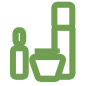 Green icon of a jar, dropper, and pump containers on a white background