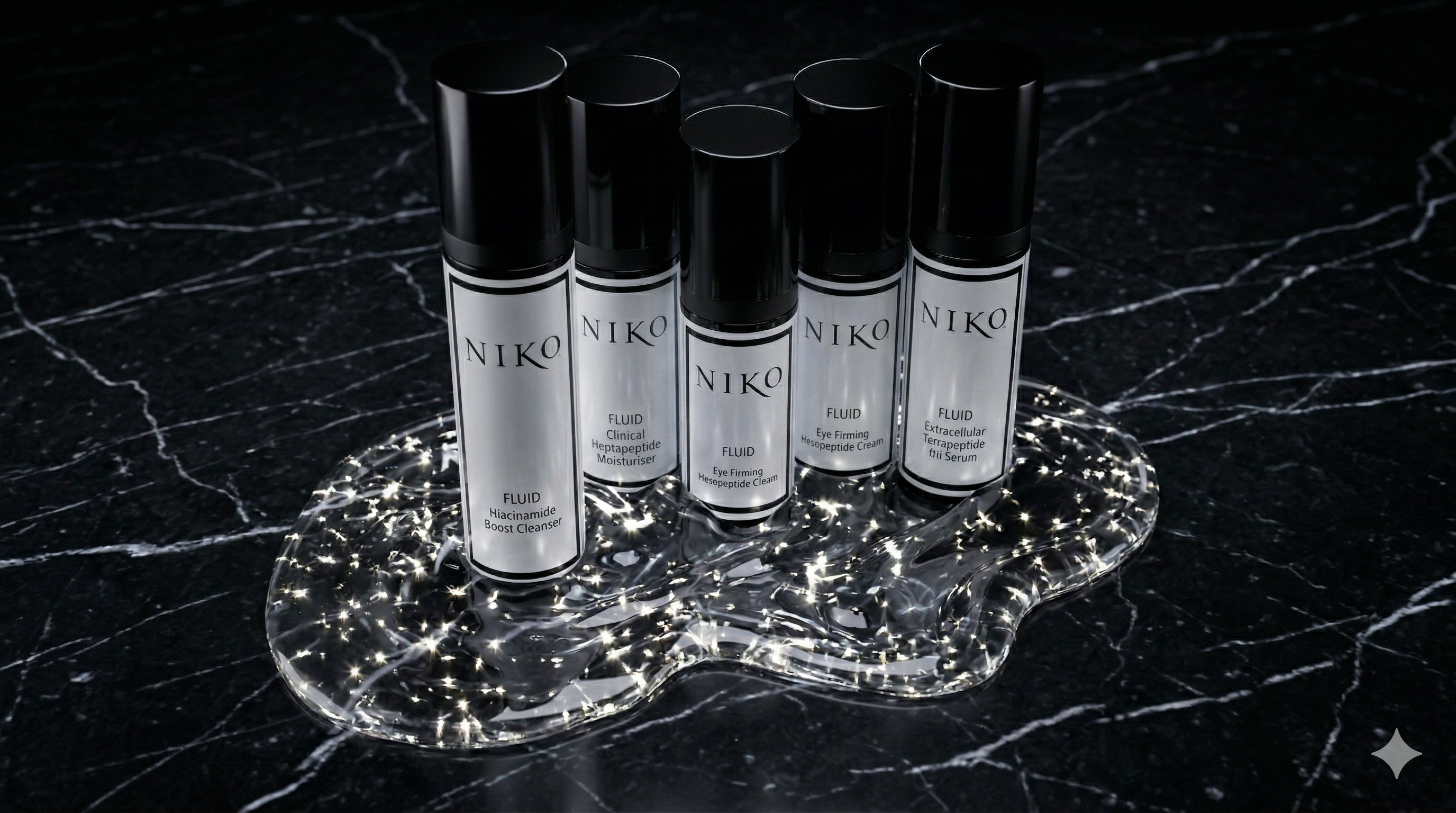 Fluid collection of five products standing together on a clear gel substance on a black veined marble surface