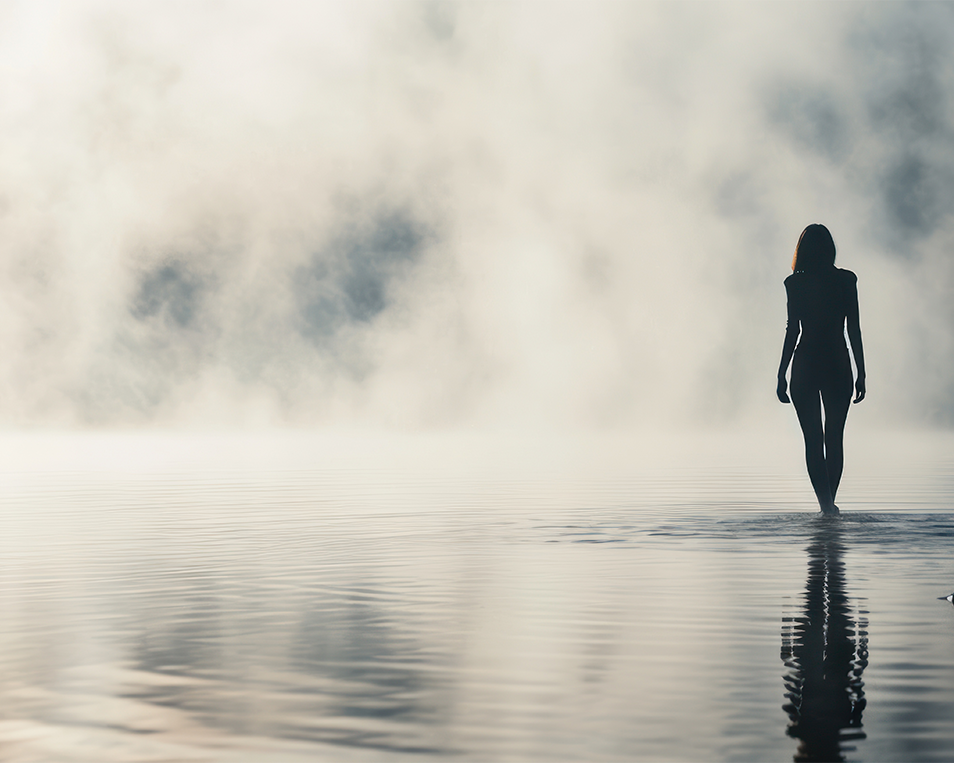 Silhouette of a person walking on water with a blurred natural background