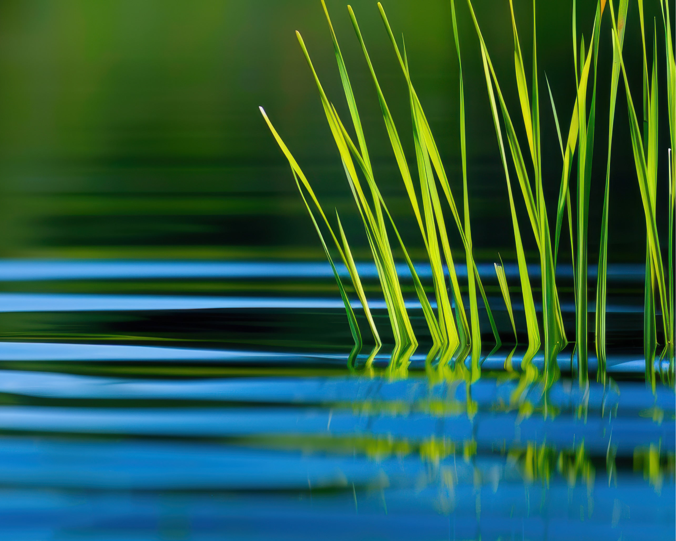 Green grasses reflected in calm water with a blurred natural background