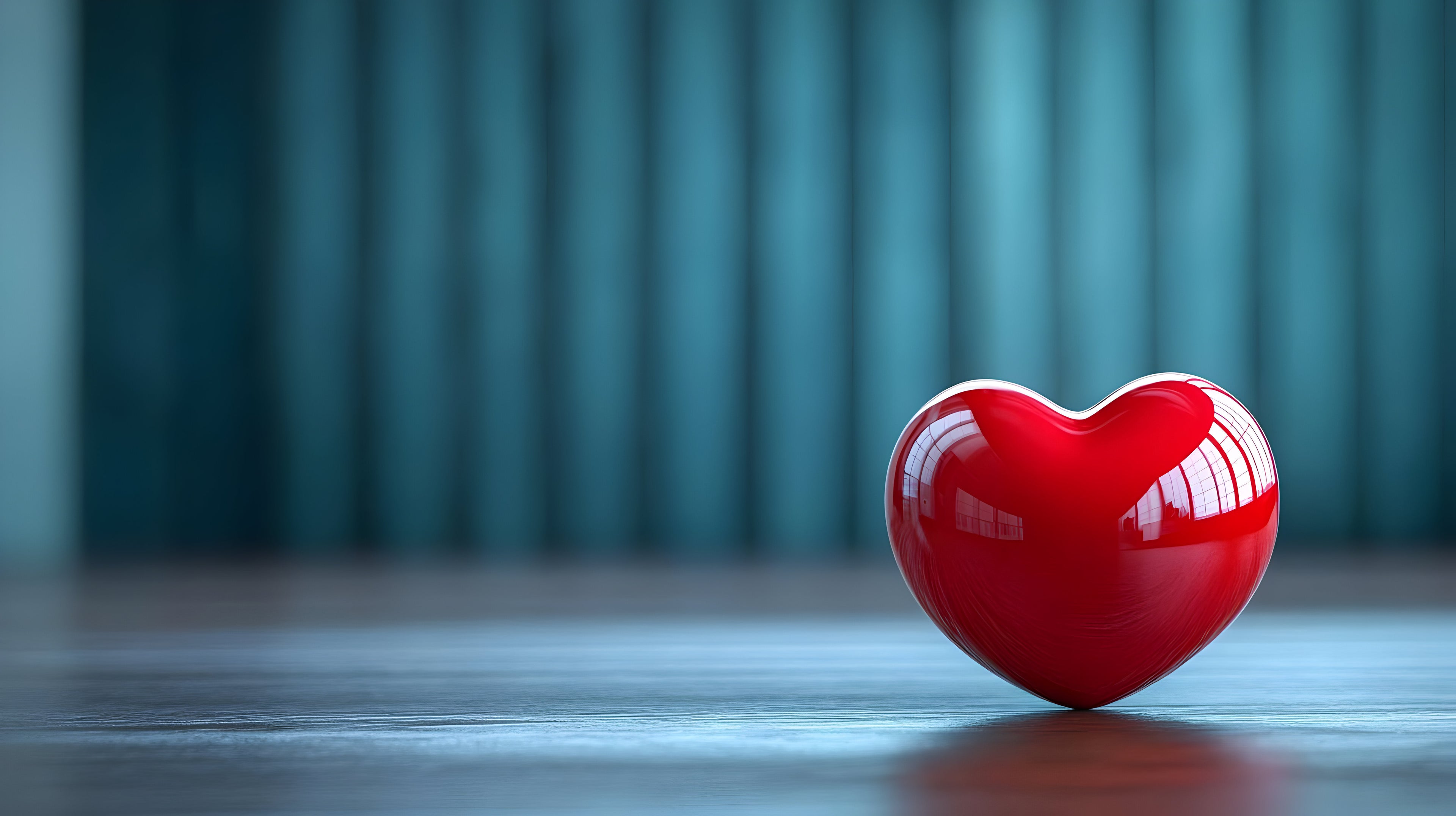 Red heart-shaped object on a reflective surface with a blurred blue background