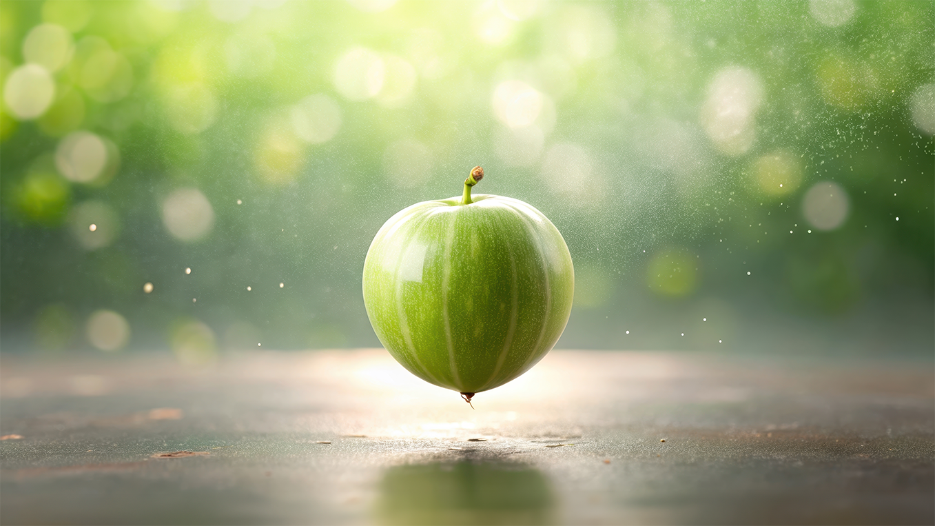 Amla berry suspended over a reflective surface with a blurred green background