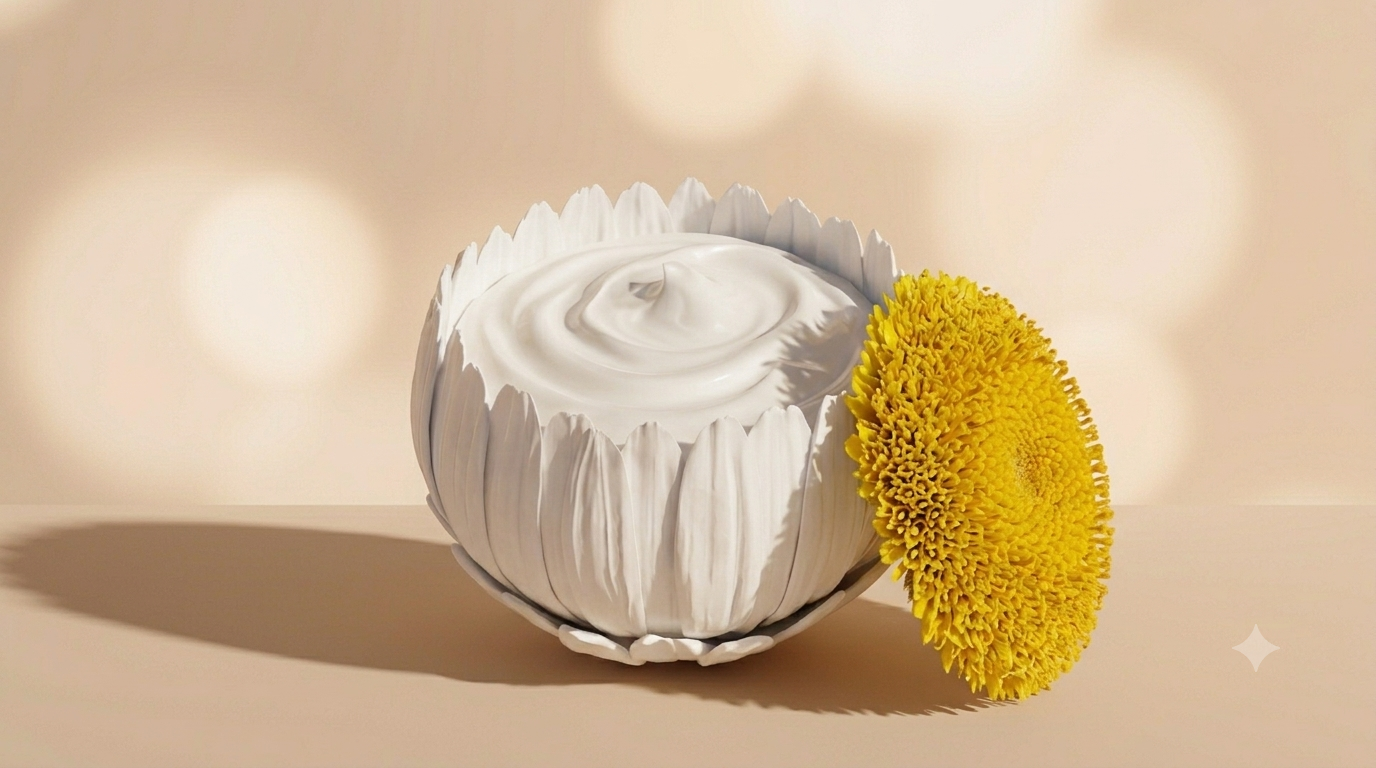 hyper realistic image of a daisy petals shaped into a jar with white cream a daisy center leaning on the right representing the lid 