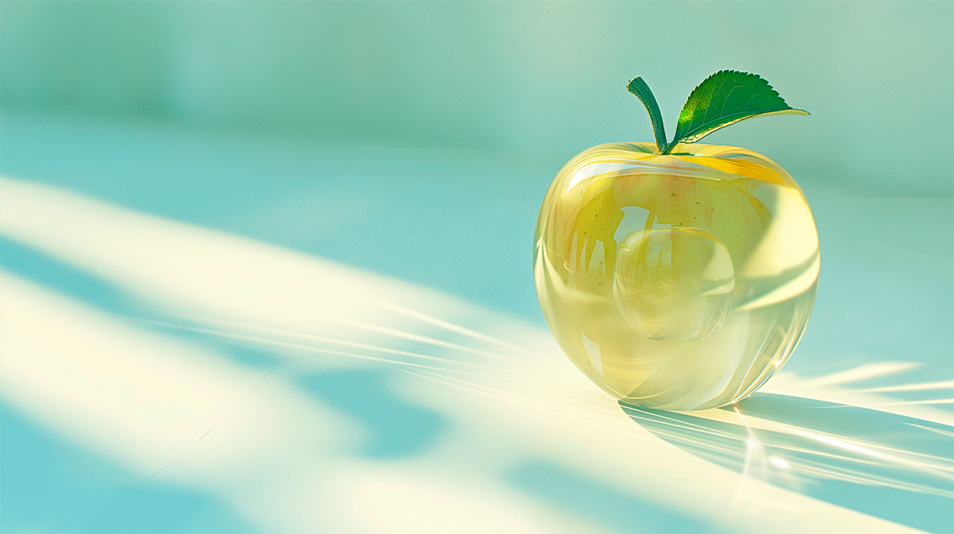 Clear glass apple with a green leaf on a light blue background