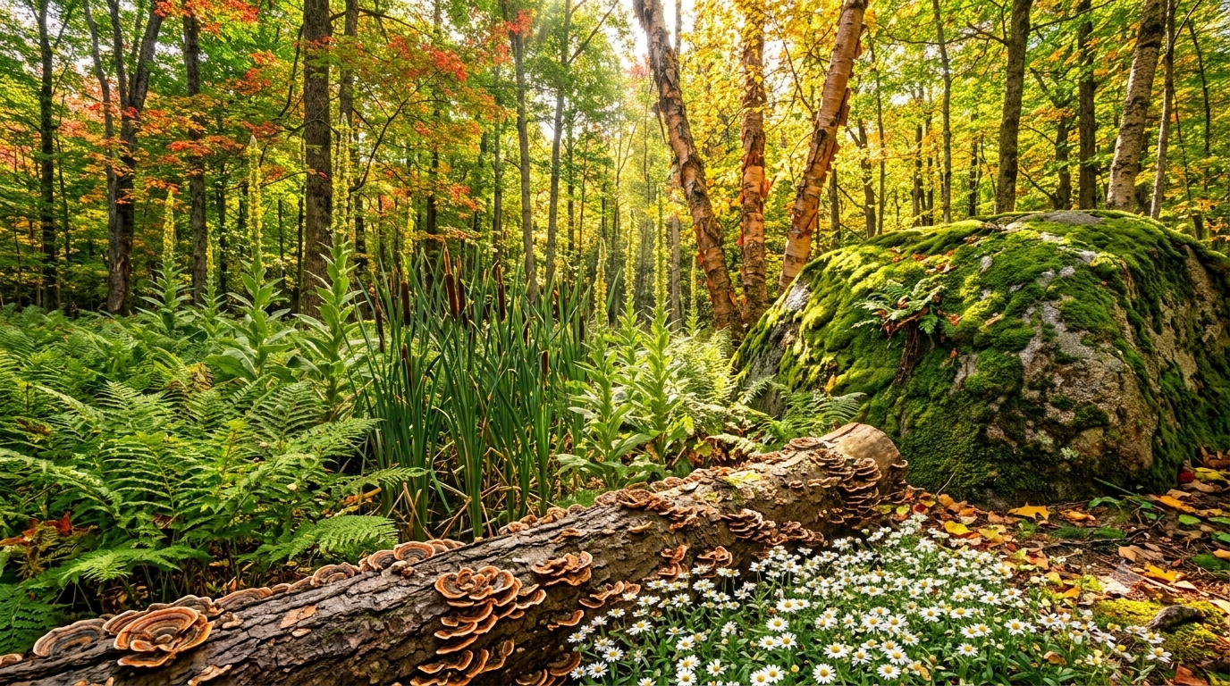 Forest floor with a fallen log, ferns, and flowers in a natural setting