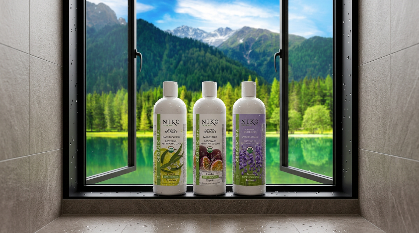 Three bottles of NIKO products in front of a window with a mountain and lake view.