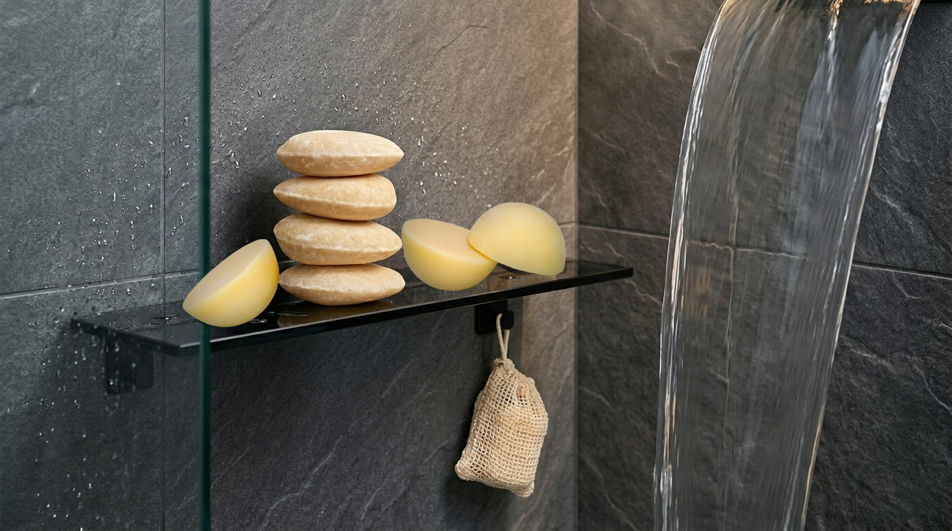 Shower setup with River Rocks shampoo and conditioner bars a shower shelf and a flat stream of running water.