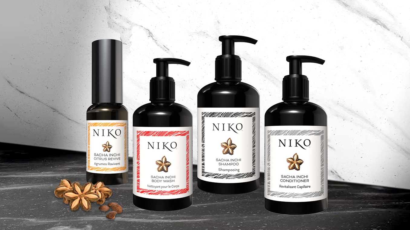Shacha Inchi hair collection on a black marble surface and white marbel wall