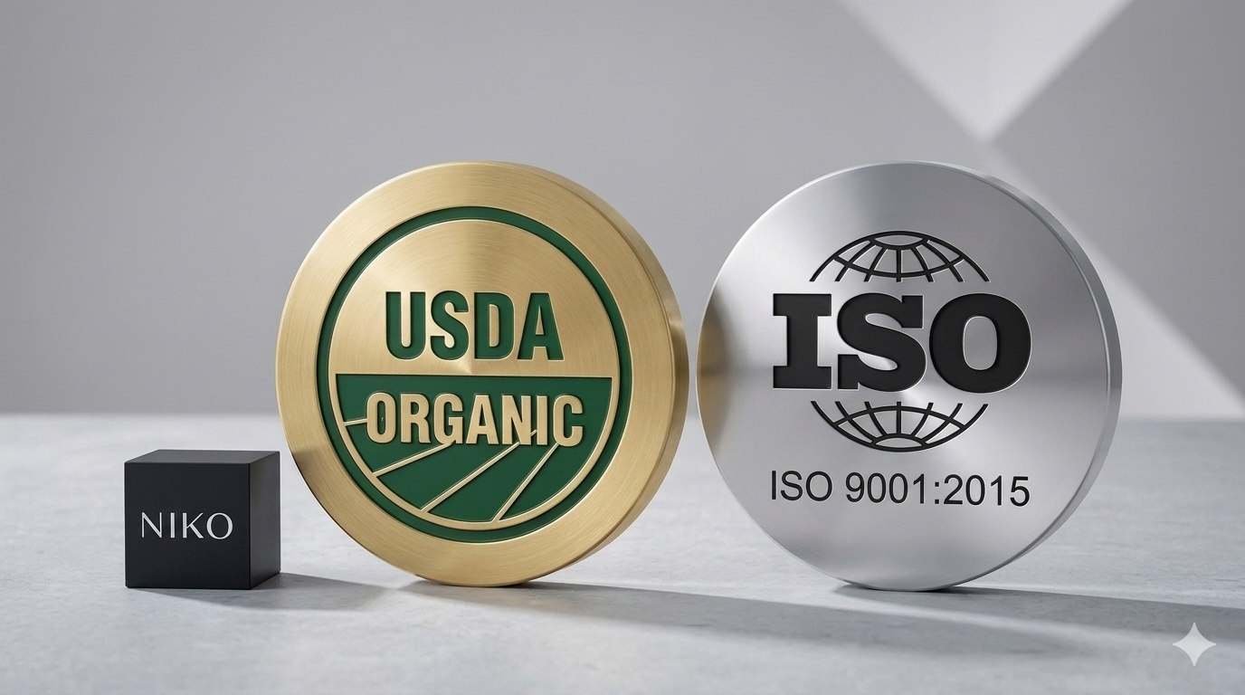 Gold USDA Organic label and silver ISO 9001:2015 label on a gray background with NIKO box.
