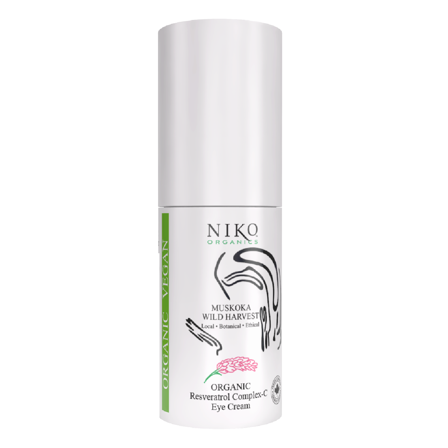 A white cylindrical bottle of NIKO Organics Muskoka Wild Harvest Organic Reversing Complex C Eye Cream, featuring a white cap and a white label with black text and graphics, set against a plain white background.